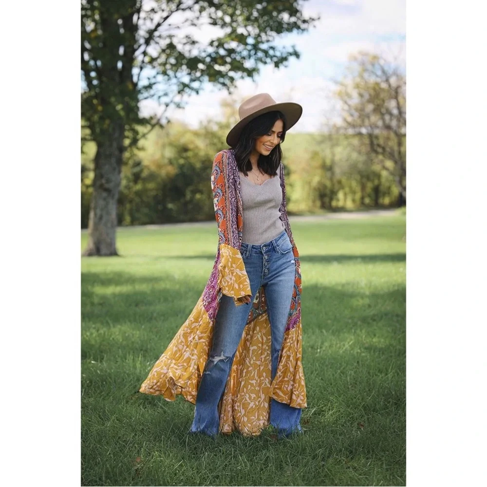 SPARROW PATCHWORK RUFFLED BOHO KIMONO DUSTER - MUSTARD MIX - Picture 2 of 4